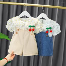 Clothing Sets Kids Clothes Fashion For 1-4 Years Old Short Sleeve Skirt Overalls Two Piece Set Cherry Puff Doll Collar Sweet