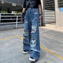Women's Pants Loose Ripped Wide-leg Jeans Women's Fat Mm Retro High-waisted Drape Drag The Floor To Show Thin Old Men's And Trousers