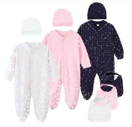 3Pcs Sets For Baby Brand Rompers Letters Printed Newborn Long Sleeve Jumpsuits With Bibs Hats Spring Autumn Toddler Onesies Infant One-Piece Kids Clothes