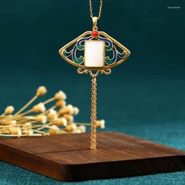 Pendant Necklaces Chinese Style Jewelry Cloisonne Necklace Scalloped Square White Hetian Jade Plated Gold Tassel For Women