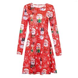 Casual Dresses Women's Round Neck Long Sleeve Santa Printed Holiday Dress Christmas High Waist Loose