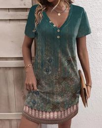 Casual Dresses Women's 2023 Summer Fashion Vintage Tribal Print Short Sleeve V-Neck Daily Mini A Line Dress