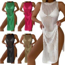 Women's Blouses Solid Colour Crewneck Sleeveless Breathable Knitted Beach Sunscreen Smock Net Swimsuit Cover Ups For Women Up