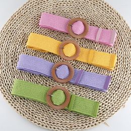Belts Bohemian Women Straw Braided Belt Round Square Buckle Woven Candy Color Elastic Wide Waistband Beach Dress Decorative