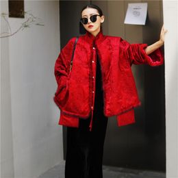 Ethnic Clothing Chinese Style Quilted Cotton Jacket Women Mink Hair Splicing Single Breasted Loose Fashionable Pocket Warm Coat Red S-XL