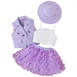 Clothing Sets Summer Toddler Girls Sleeveless Coat White Vest Butterfly Tulle Skirt Hat Four Piece Outfits Set For Kids Clothes