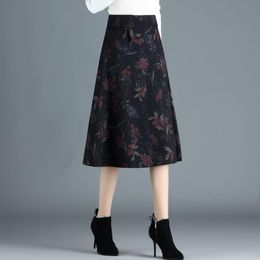 Skirts 2023 Winter Fall Vintage Women Clothes High Waisted Floral Printed Black Woolen Skirt 4xl Mid Calf Wool For Woman