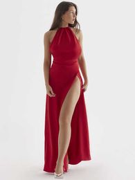 Sexy Long Dress For Women Birthday Celebrity Party Clothes Backless 2 Layered Satin High Thigh Split Maxi Dresses 2023