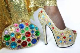 Dress Shoes Gold Women Pumps With Big Crystal Decoration African Cover Match Handbag Set For G29 Heel 14cm