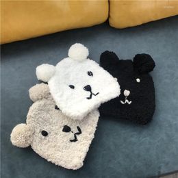 Berets Korean Cute Bear Plush Hat Autumn And Winter Women's Warm Wool Towel Material Knitted Sleeve Cap Ear Protection
