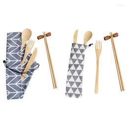 Dinnerware Sets Japanese Style Bamboo Cutlery Set Spoon Fork Chopsticks Portable Tableware Travel Suit With Cloth Pack