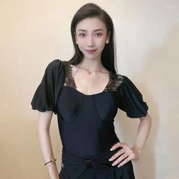 Stage Wear 2023 Ballroom Dance Clothes Short Sleeves Black Tops Women Latin Costume Rumba Practise Clothing Dancing Bodysuit DNV17870