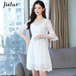 Dress Jielur Lace White Dress Vneck Elastic Waist Solid Color Summer Dress Vacation Robe Femme Short Sleeve SXXL Women Dress