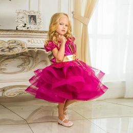 Girl Dresses Charming Rose Red Flower With Gold Belt Tiered Knee Length Birthday Party Gowns