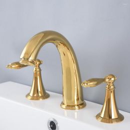 Bathroom Sink Faucets Polished Gold Color Brass Deck Mounted Dual Handles Widespread 3 Holes Basin Faucet Mixer Water Taps Mnf986