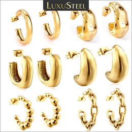 LUXUSTEEL Stylish C Shaped Women Hoop Earrings Gold Plated Stainless Steel Beads Square Rolo Dangle Ear Jewellery Gift for Her