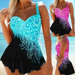 Womens Swimwear Womens Feather Print Tankini with Brief Swim Costume Two Piece Tummy Control Swimsuit High Waist Bathing Suit