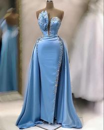 Sky Blue Aso Ebi Beaded Crystals Prom Dresses with Remove Train Crystal Beaded High Split Satin Mermaid Evening Occasion Gown