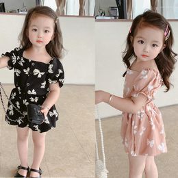 Clothing Sets Girls Set Bowtie Pattern Square Neckline Top With Shorts Two Pieces Suits 2023 Summer Children Puff Short Sleeve Fashion