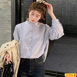 Women's Blouses Chic Korea Tops Blusas Women 2023 Design Blue Striped Ruffles Japan Girls Preppy Style Retro Vintage Shirts