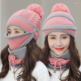 Beanies Beanie/Skull Caps Women Winter Plush Warm Hat Mask Bib 3 Piece Set Color Patchwork Velvet Thick Knitted Ear Protection Wool