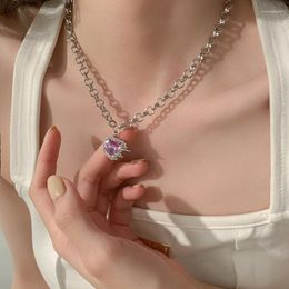 Choker Goth Peach Heart Necklace Pink Crystal Necklaces For Women Chocker Sweet Cool Clavicle Chain Aesthetic Korean Accessories