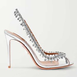 Spring and Summer New 2023 Wind Fish Mouth Transparent Belt Rhinestone Chain Fashion Trend Thin Heel Women's Shoes 230526