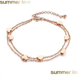 Other Bracelets New Simple Design Stainless Steel Charm Bracelet 2 Layers Rose Gold Link Chain Mini Hearts Lover Fashion Sweety Styl Dh0Af