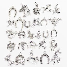 30pcs Charms Fly Horse Lucky Horseshoe Good Luck Unicorn Antique Silver Color Mixed Pendants DIY Findings Tibetan Jewelry Craft