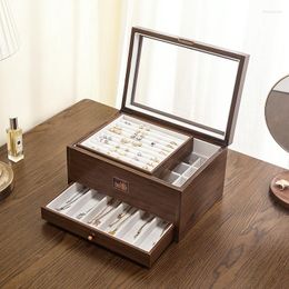 Jewellery Pouches 3-in-1 Large Wooden Box Organiser With Clear Lid Detachable Drawer Case Earrings Ring Necklace Jewellery Storage