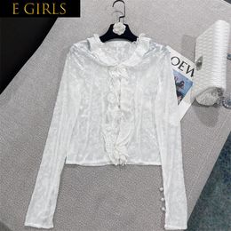 Women's Blouses J GIRLS 2023 Autumn Long Sleeve V Neck Pearls Buttons Lace Ruffles Embroidery Floral White Sexy Mesh Slim Shirt Women GG076