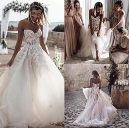 Sexy Sweetheart Tulle A Line Wedding Dresses Romantic Lace Appliques Beaded Bohemian Country Bridal Gowns Open Back Sweep Train Second Reception Dress