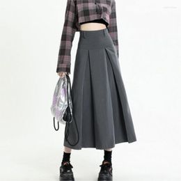 Skirts Women's Loose High Waist Pleated A-Line Long Skirt Casual Grey Female Clothes Office Lady Spring NS5651