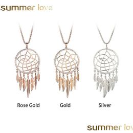 Pendant Necklaces Long Tassel Leaf Feather Necklace Hollow Jewellery Dream Catcher Gold Colour For Women Gift Drop Delivery Pendants Dhd7N