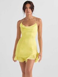 Rúsica leve de alta qualidade Mini vestido chique chique de chiffon 2022 Vestido amarelo de festa de verão para mulheres