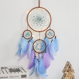 Decorative Figurines Dream Catchers With 4 Rings Woven Beaded Circular Net Colourful Feather Tassel Wind Chimes Wall Hanging Ornament