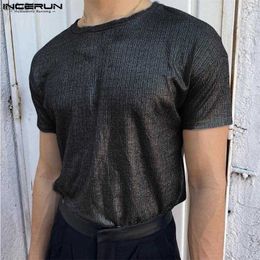 Men's T-Shirts INCERUN Men T Shirt Solid Colour Pleated O-neck Short Sleeve Streetwear Casual Men Clothing 2023 Shiny Fashion Camisetas S-5XL L230520