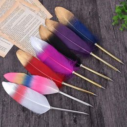 300Pcs Creative Metal Feather Ballpoint Pen Signature Quill Pens Christmas Wedding Gift Mixed Color