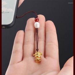 Keychains Brass God Of Fortune Keychain Gold Plated Vintage Pearl Phone Pendant