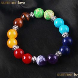 Beaded 7 Chakra Healing Bracelet 12 Mm Natural Stone Tiger Eye Bead Bracelets For Women Men Fashion Yoga Wholesale Jewellery Gift Drop Dhp0Z
