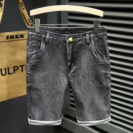 Classic Smoke Grey Denim Summer New Stretch Straight Street Men's Fashion Backpocket Letter Printed Jeans Shorts P230525