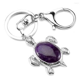 Keychains FYJS Unique Silver Plated Circle Lobster Clasp Tortoise Shape Amethysts Key Chain Opalite Opal Jewellery