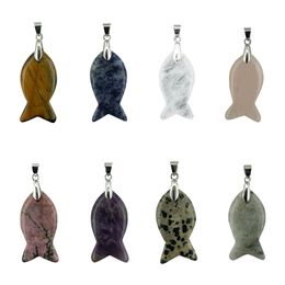 Natural Gemstone Fish Pendants Healing Chakra Crystal Fishes with Silver Findings Accessories for DIY Making Necklace Earring