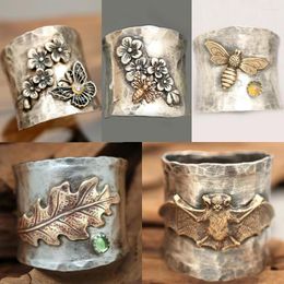 Cluster Rings Vintage Silver Colour Big Band Ring FLower Bee Butterfly Women Fashion Jewellery Gift 2023 Trend