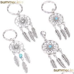 Key Rings Antique Sier Tassel Beads Feather Dreamcatcher Keychain Women Wind Chimes Chain Leaf Car Bag Decoration Indian Style Drop Dh9Wb