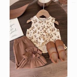 Clothing Sets Kids Girls Summer 2023 Children Casual Floral Print Sleeveless Tops Coffee Pants 2Pcs Princess Cute Clothes