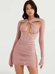 Pink Mesh Ruched Bodycon Corset Dresses For Women Summer Long Sleeve Club Party Clothing Lovely Dates Outfits Vestidos