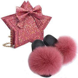 Sandals Baby Girl Fur Slippers Plush Summer Girls Sandals Leather Bag Little Girl Pentagram Accessories Bow Slides 230417