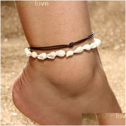 Anklets 2Pcs/Set Handmade Natural Seashell For Women Shell Foot Jewellery Summer Beach Wax Rope Bracelet Bohemian Drop Delivery Dhqg0