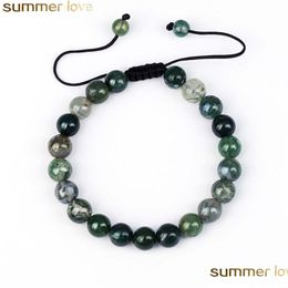 Beaded Handmade Natural Stone Bead Bracelet Aquatic Green Agate Braided Rope Bracelets Onyx Crystal Quartz Round For Men Women Lucky Dhtgo